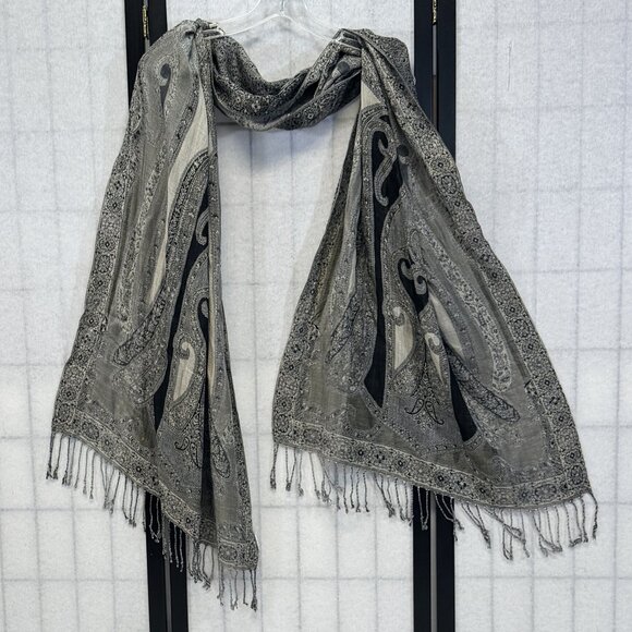 Black Beige Grey Long Rectangular Fringed Scarf Wrap Pashmina Unknown Brand - Picture 2 of 6